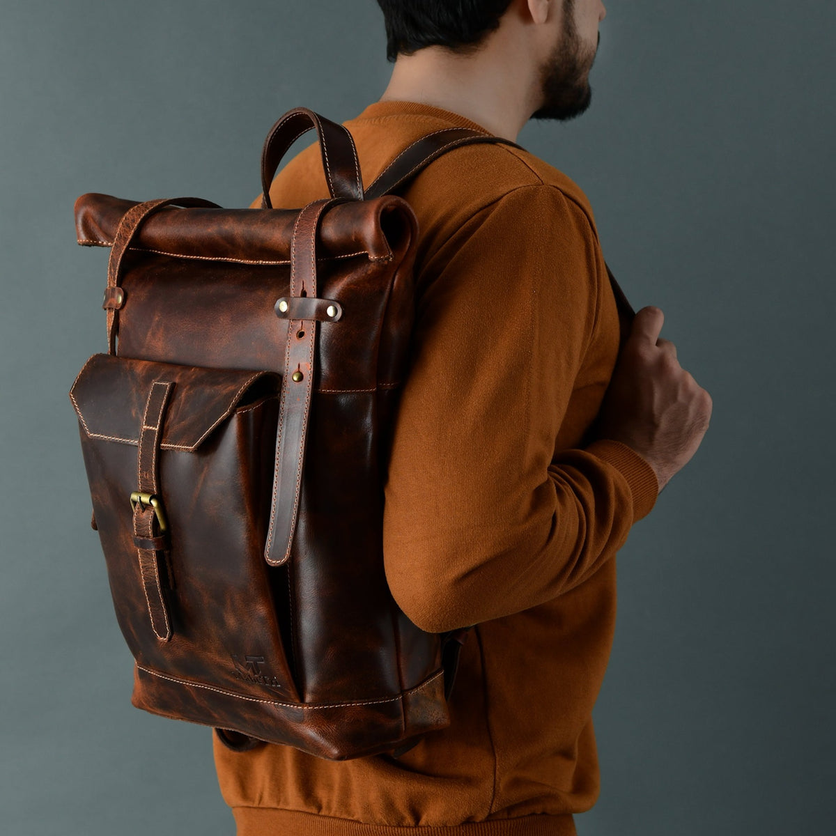 Brown Saddleback Backpack- Roll Top