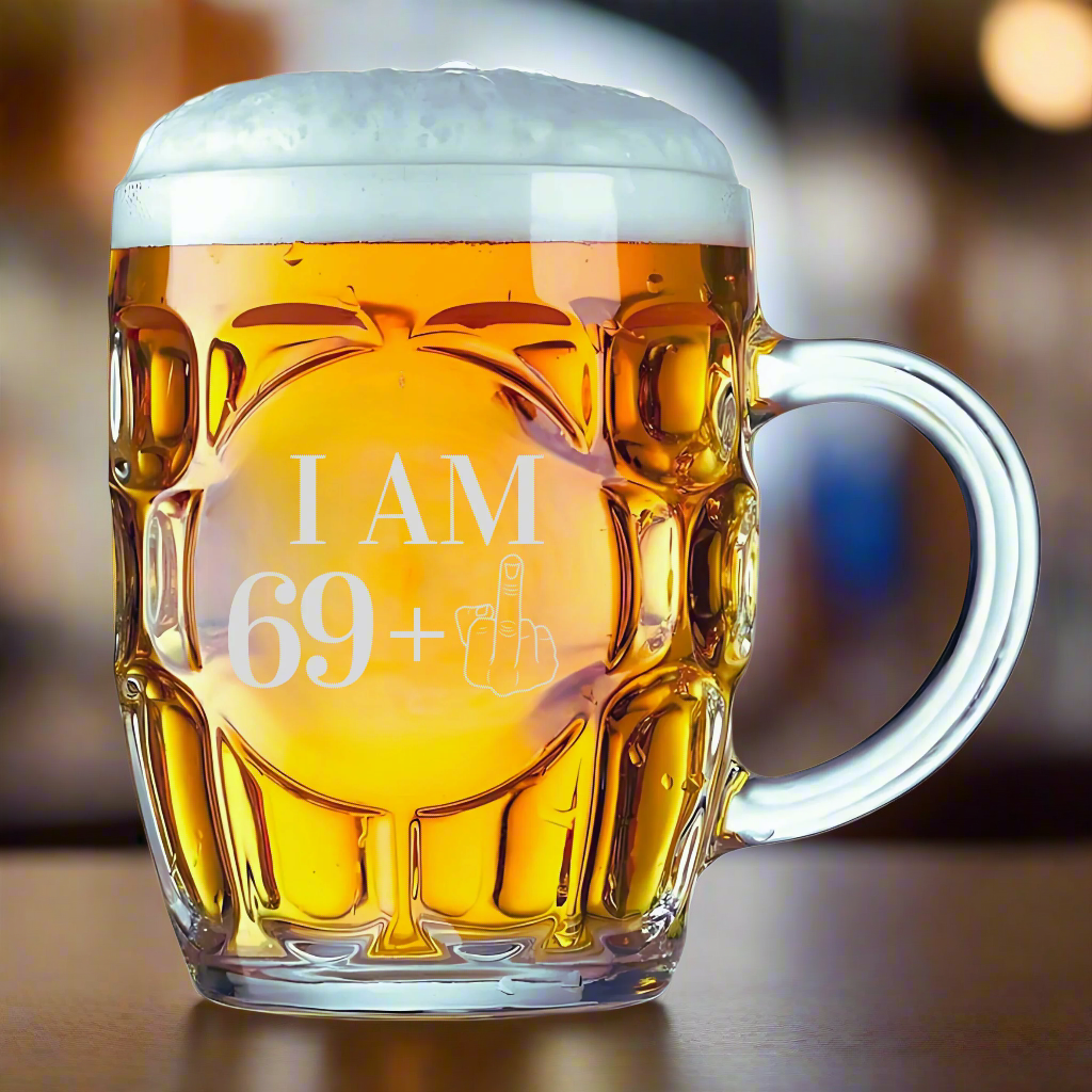 70th birthday beer mug with playful "I AM 69+" message