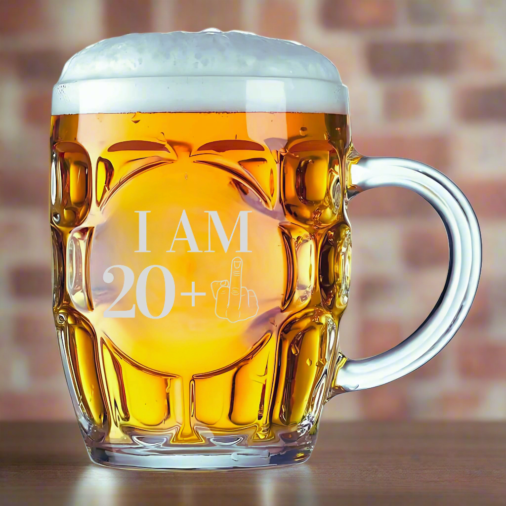 21st birthday beer mug with “I AM 20+” and middle finger