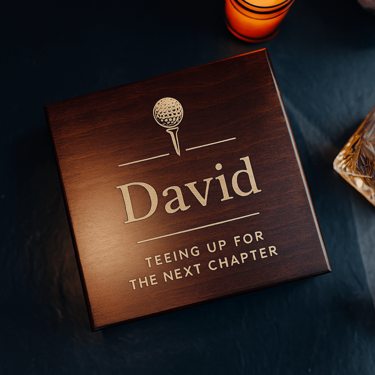 Personalized golf retirement gift box with engraved name and golf tee design