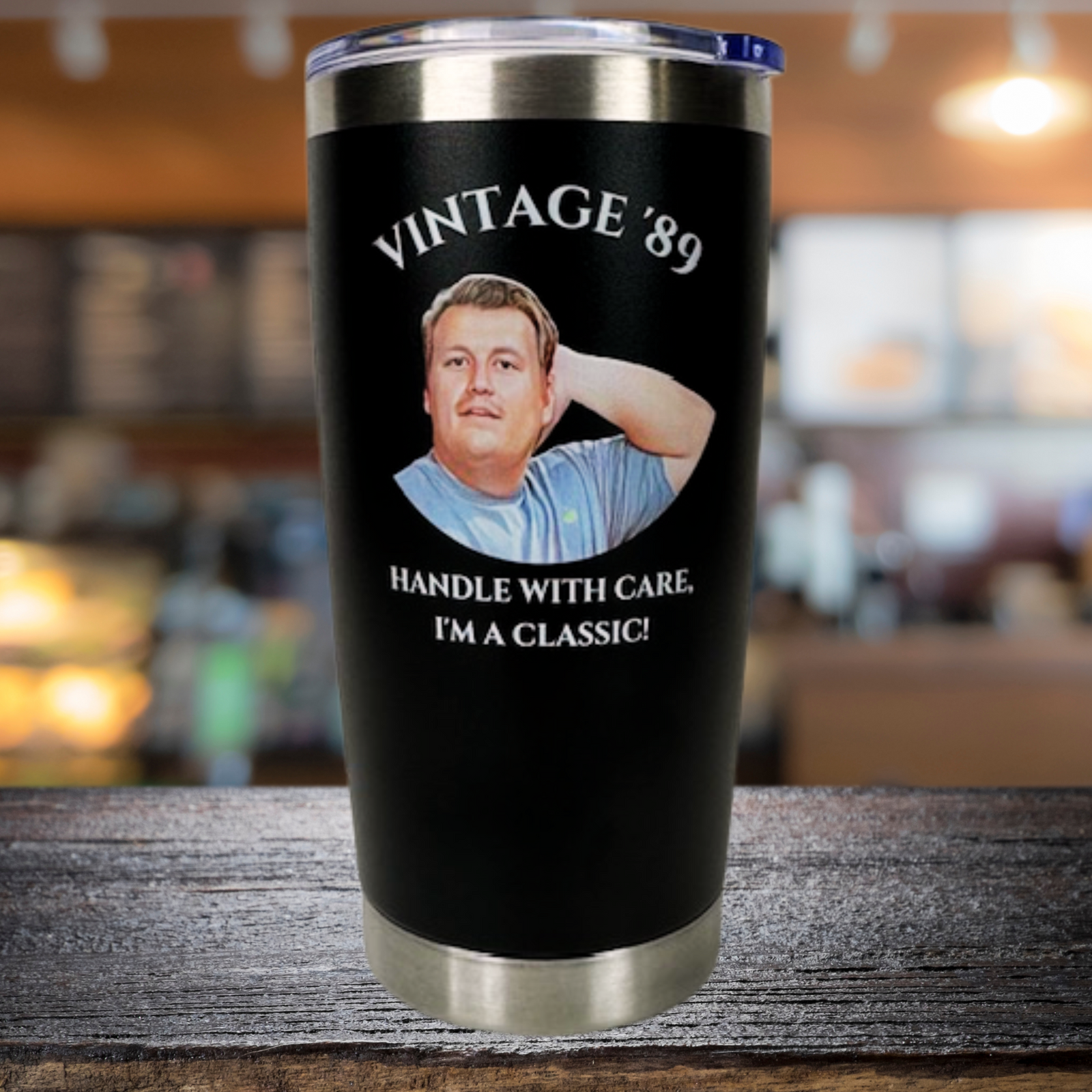 Personalized custom photo tumbler with cartoon image and text