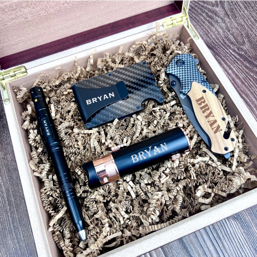 Personalized Birthday Gift Box with custom wooden box, wallet, knife, lighter, and tactical pen.