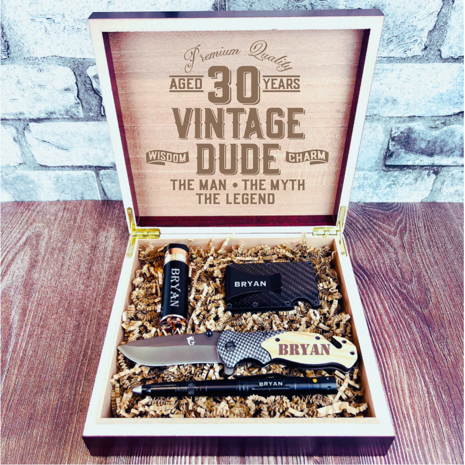 Personalized 30th Birthday Gift Box with custom wooden box, wallet, knife, lighter, and tactical pen.