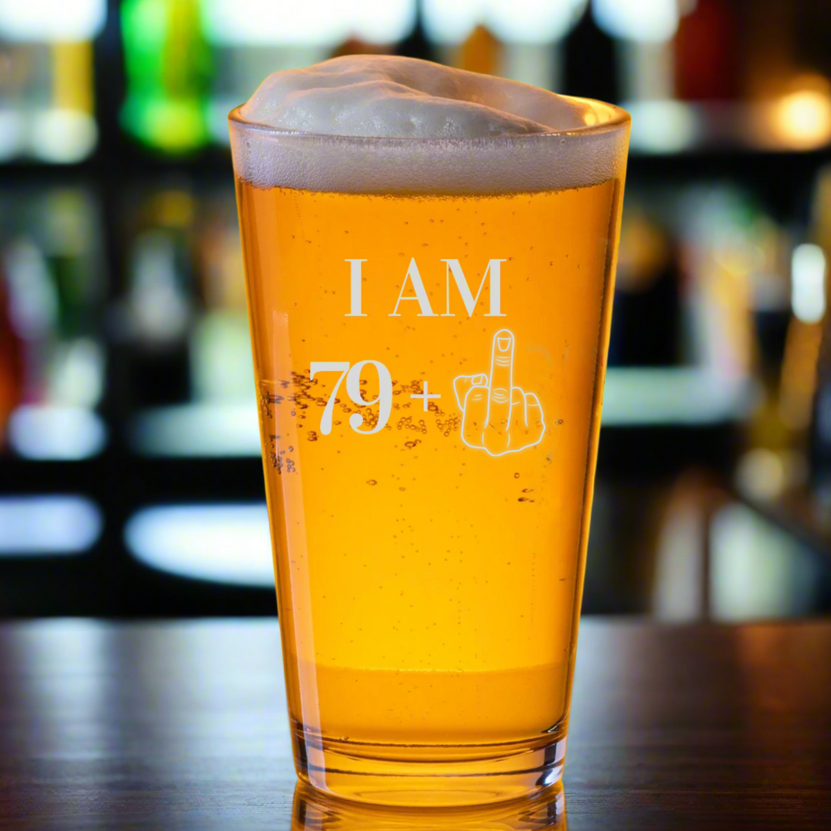 80th birthday beer glass with &#39;I&#39;m 79+&#39; funny design