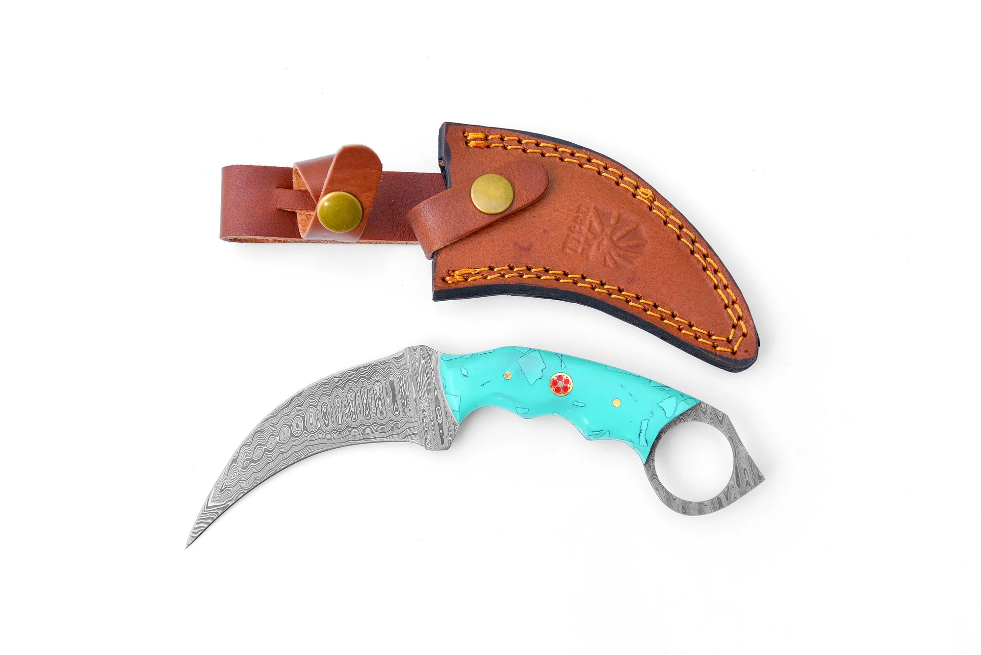 Damascus Karambit with Turquoise Resin Scales