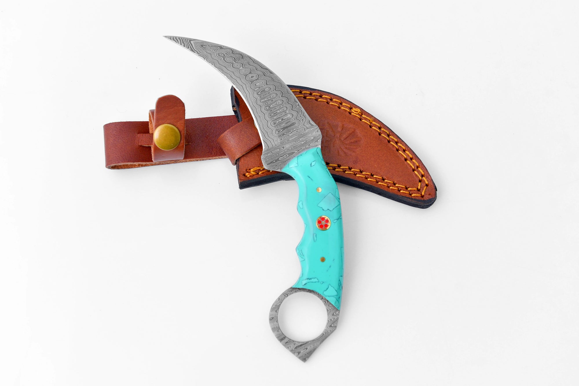 Damascus Karambit with Turquoise Resin Scales