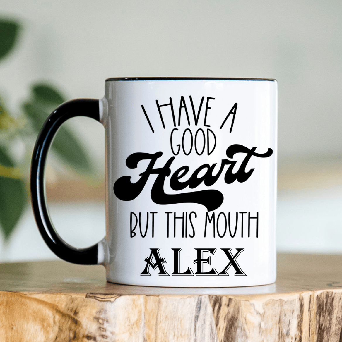 Black Funny Coffee Mug With Good Heart Bad Mouth Design