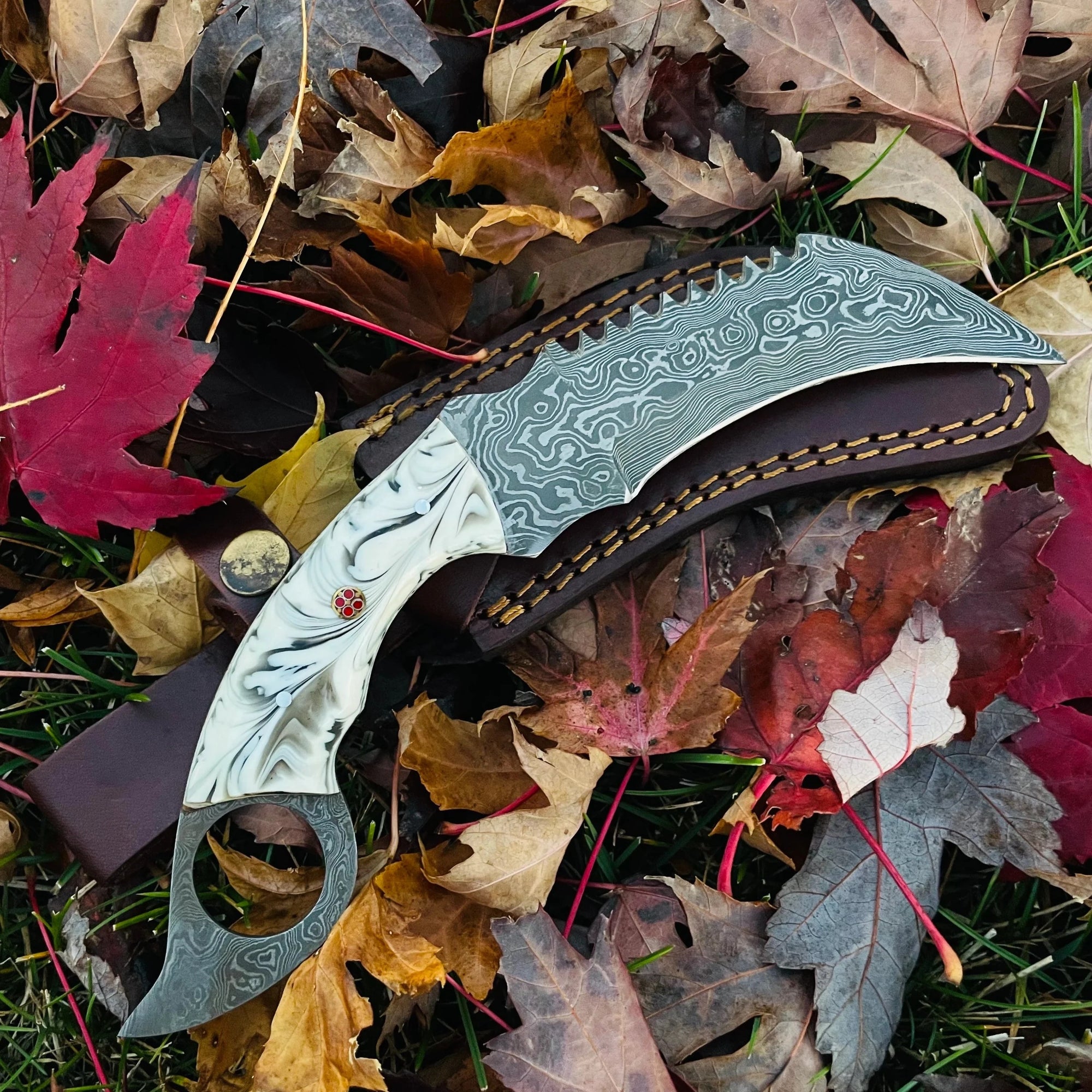 Damascus Steel Serrated Karambit Knife