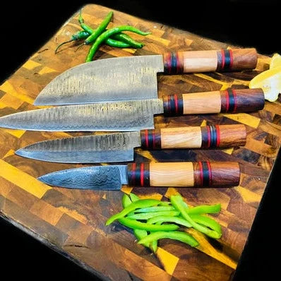 4-Piece Damascus & Wood Grip Knife Set with Leather Carry Bag