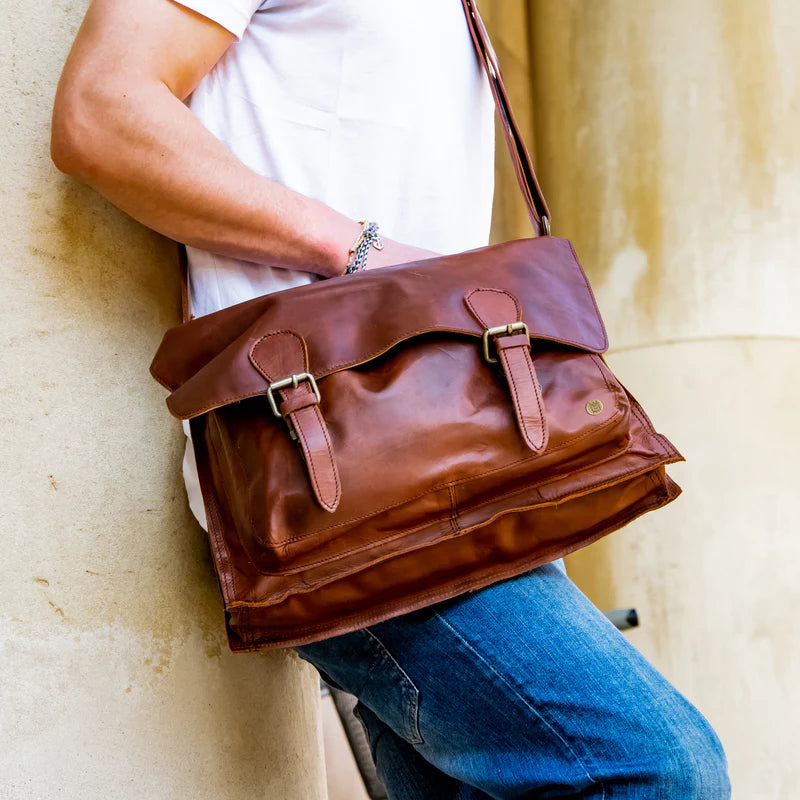 Mahi Leather Personalized Vintage Brown Satchel Cream by Groovy Guy Gifts