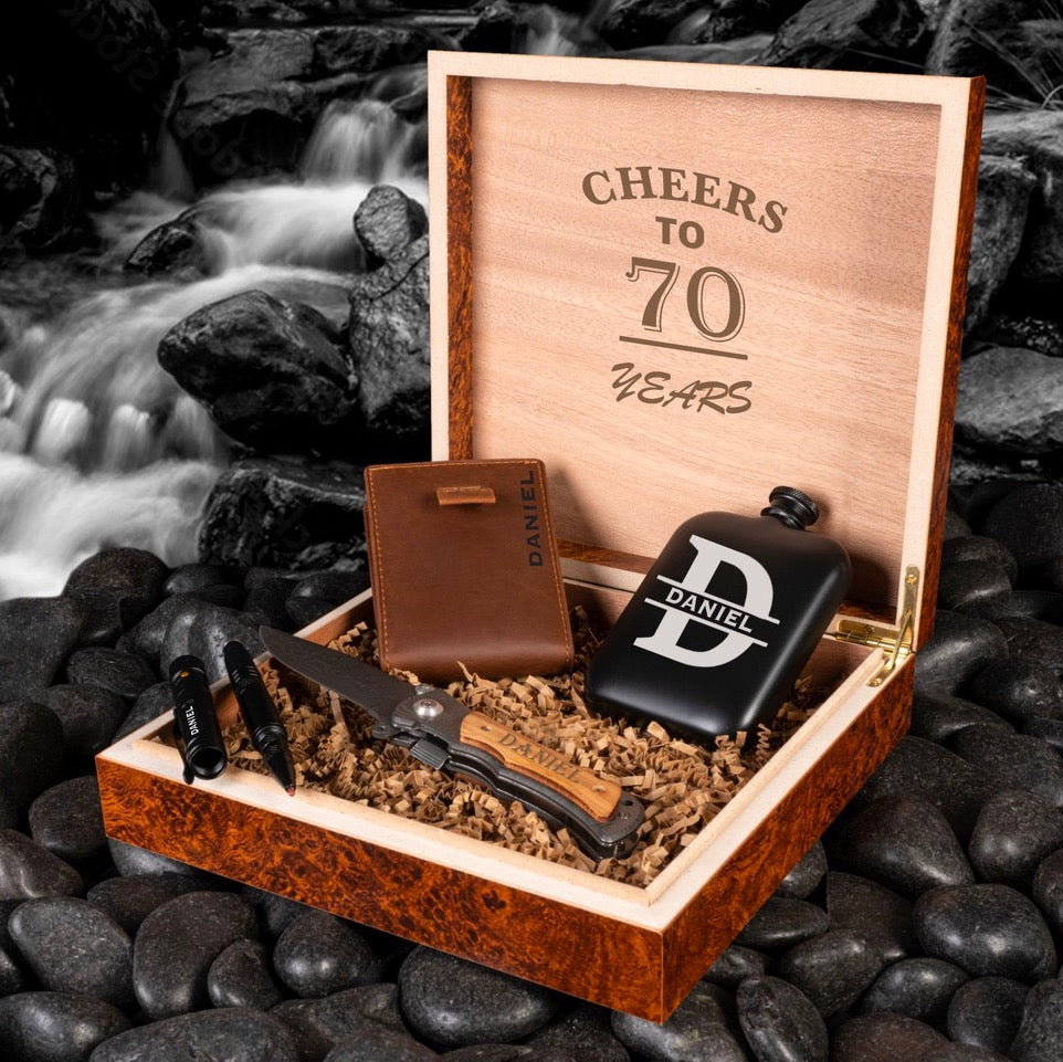 70th birthday gift box with engraved flask, tactical pen, custom wallet, and knife