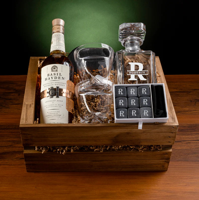 Whiskey crate gift set with bourbon and whiskey accessories