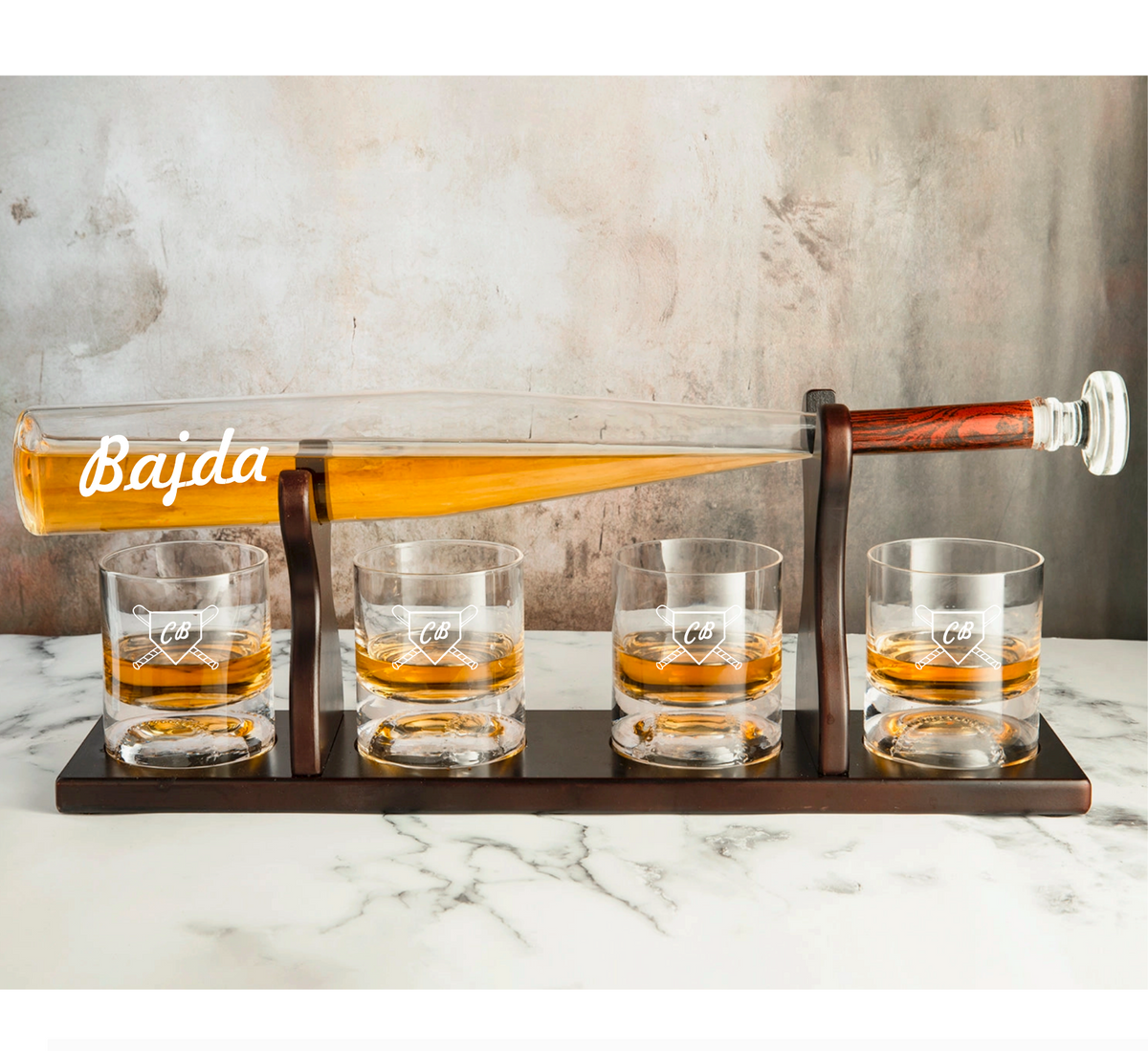 Baseball bat-shaped whiskey decanter set with matching glasses and mahogany holder
