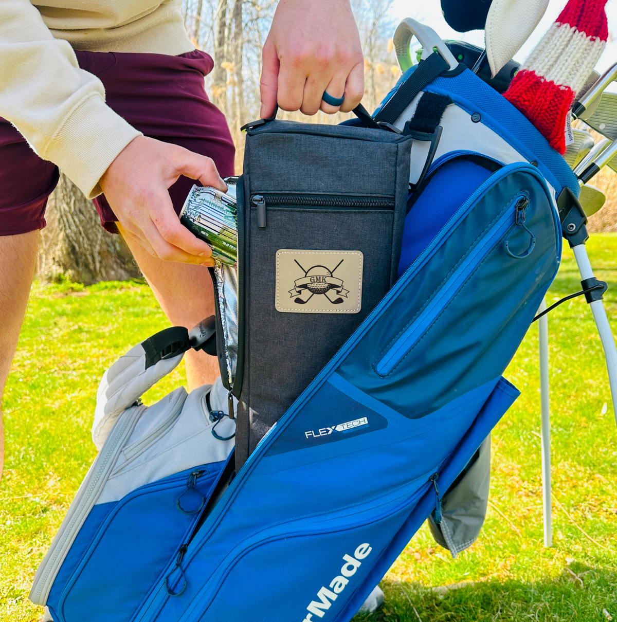 Golf bag beer cooler holds six cans