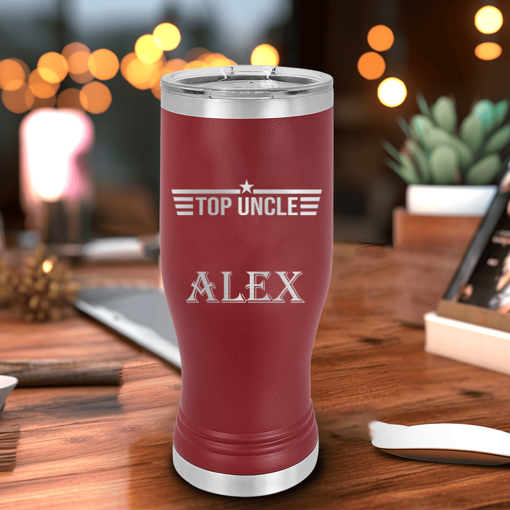 Maroon Uncle Travel Mug With Handle With Top Uncle Design