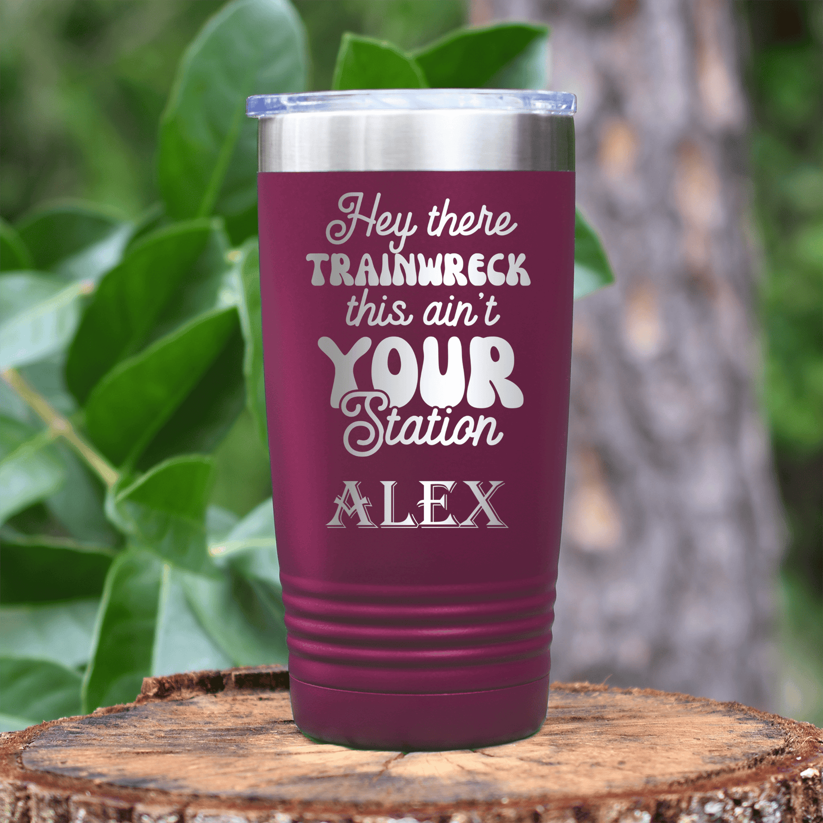 Maroon Funny Tumbler With Trainwreck Station Design