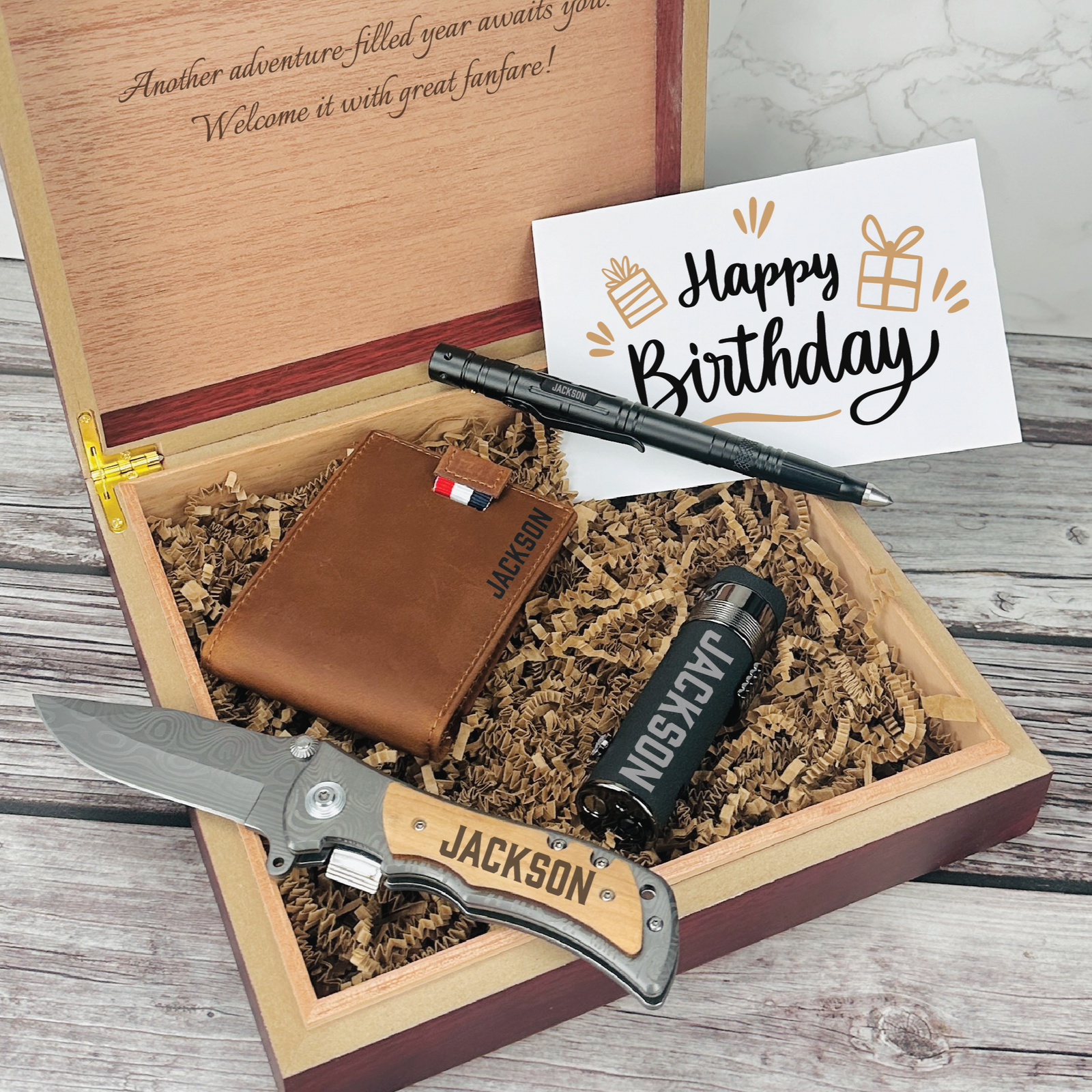 Epic personalized birthday gift box for men with tactical pen, wallet, lighter, knife, and wood box