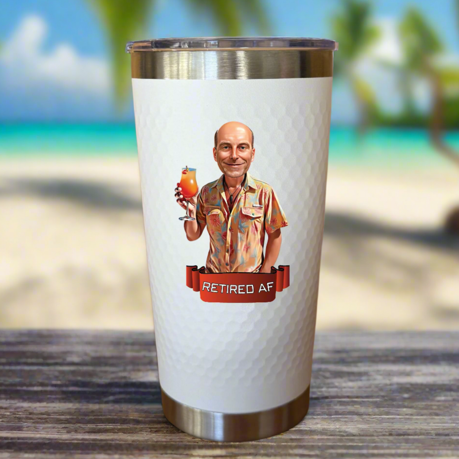 Funny personalized retirement tumbler for men featuring a custom caricature with tropical vacation vibes and 'Retired AF' banner on an insulated cup.