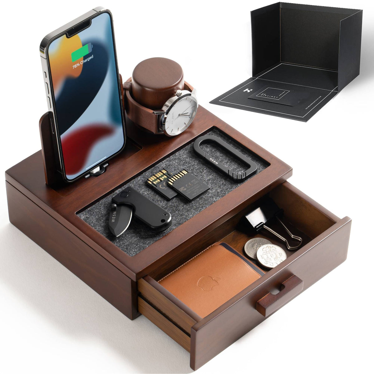 wooden charging dock in walnut finish