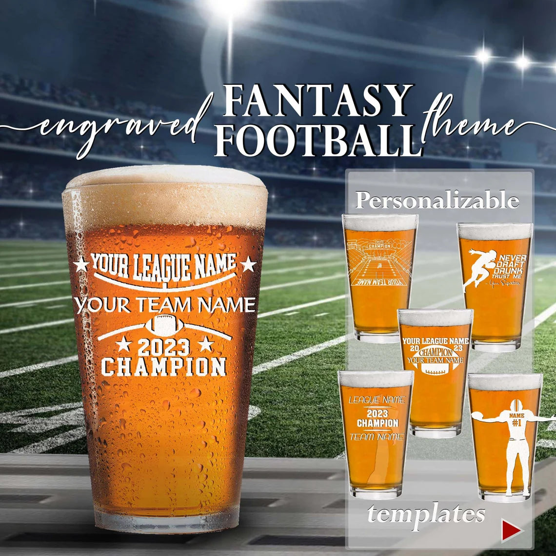 FANTASYJOCKS Fantasy Football Championship Beer Mug Trophy Award FFL  Champion Prize Sports Gift Annual Glass Black Clear 25 Ounces