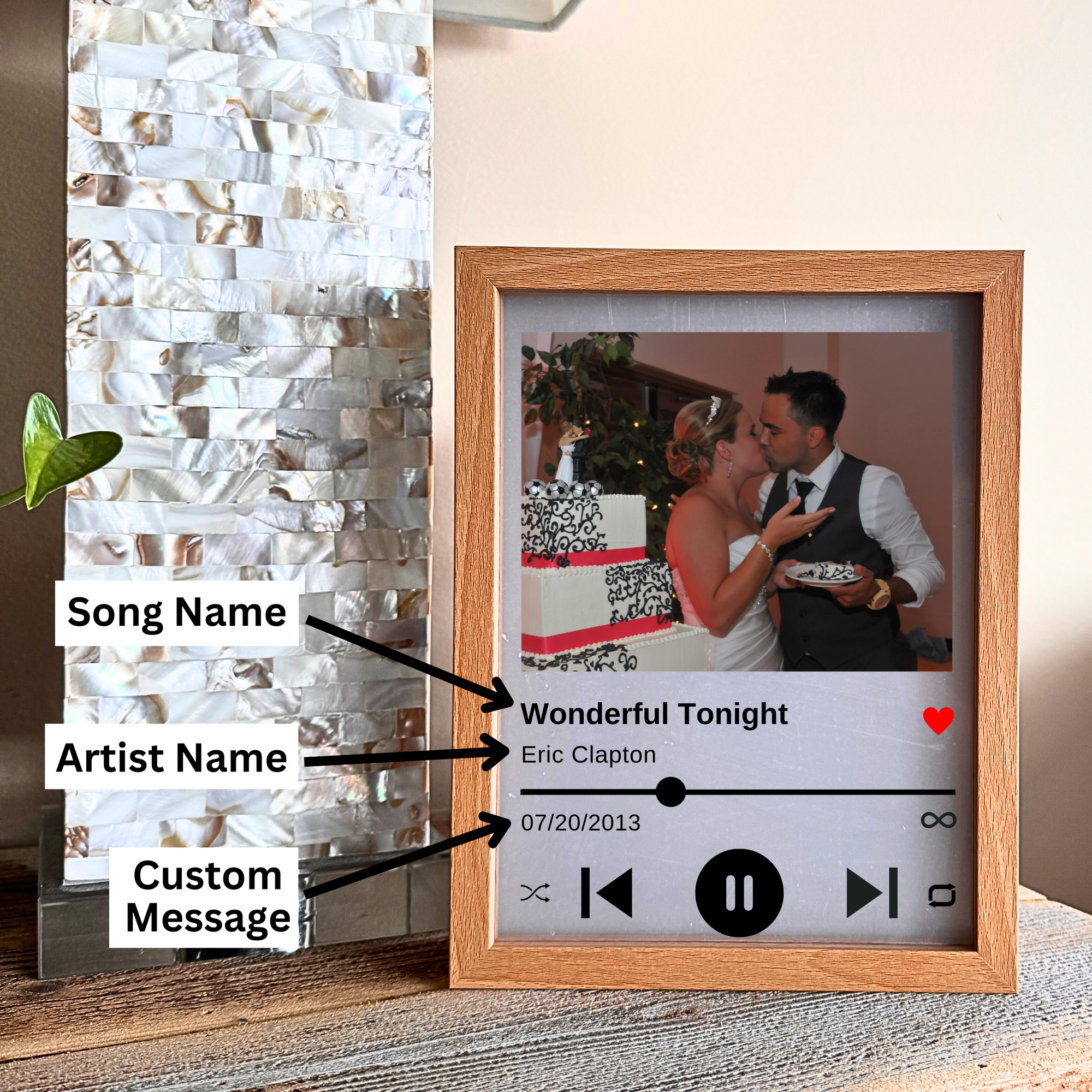 Personalized music light box featuring a custom photo, song name, and message on a sleek wood and acrylic frame – perfect for Valentine’s Day, anniversaries, weddings, or birthdays.