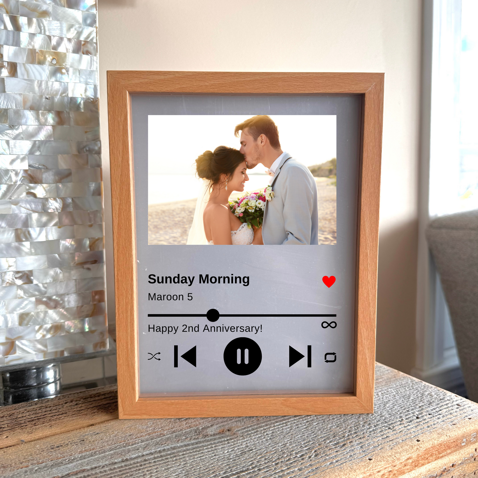 Personalized music light box featuring a custom photo, song name, and message on a sleek wood and acrylic frame – perfect for Valentine’s Day, anniversaries, weddings, or birthdays.