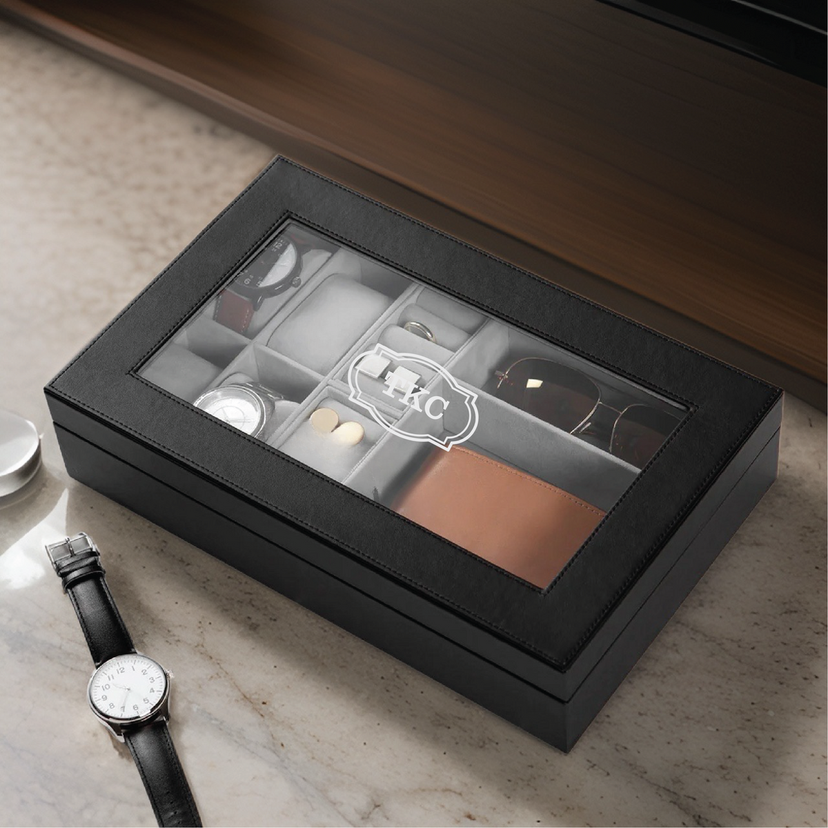 Personalized Men&#39;s Jewelry Box with Custom Engraving - Watch and Accessory Organizer