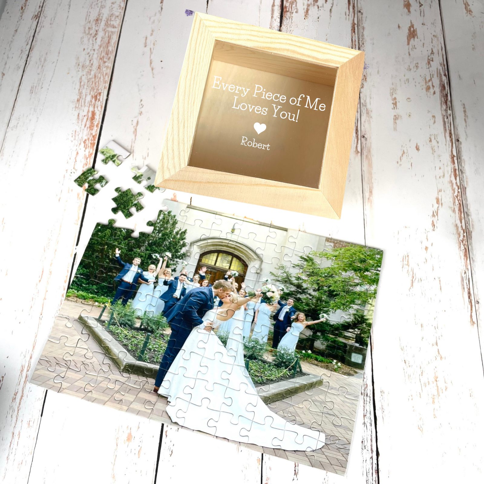 Cherished Memories personalized photo puzzle with 100 durable pieces and custom-engraved wooden gift box – perfect for anniversaries, weddings, or Valentine’s Day