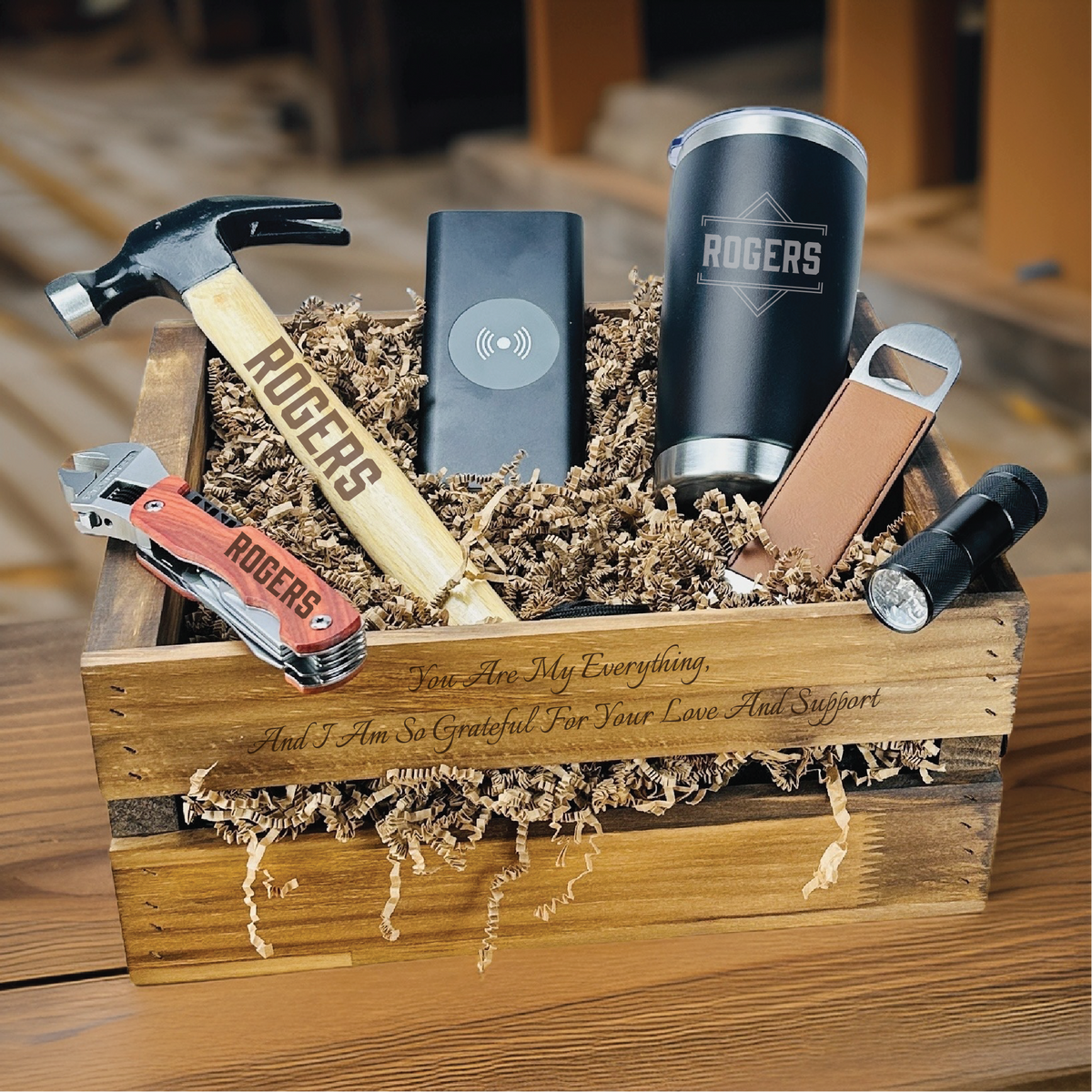 Handy Man Gift Set - Personalized Toolbox Gift Set - Unique Engravings, Portable Charger, Flashlight &amp; More!