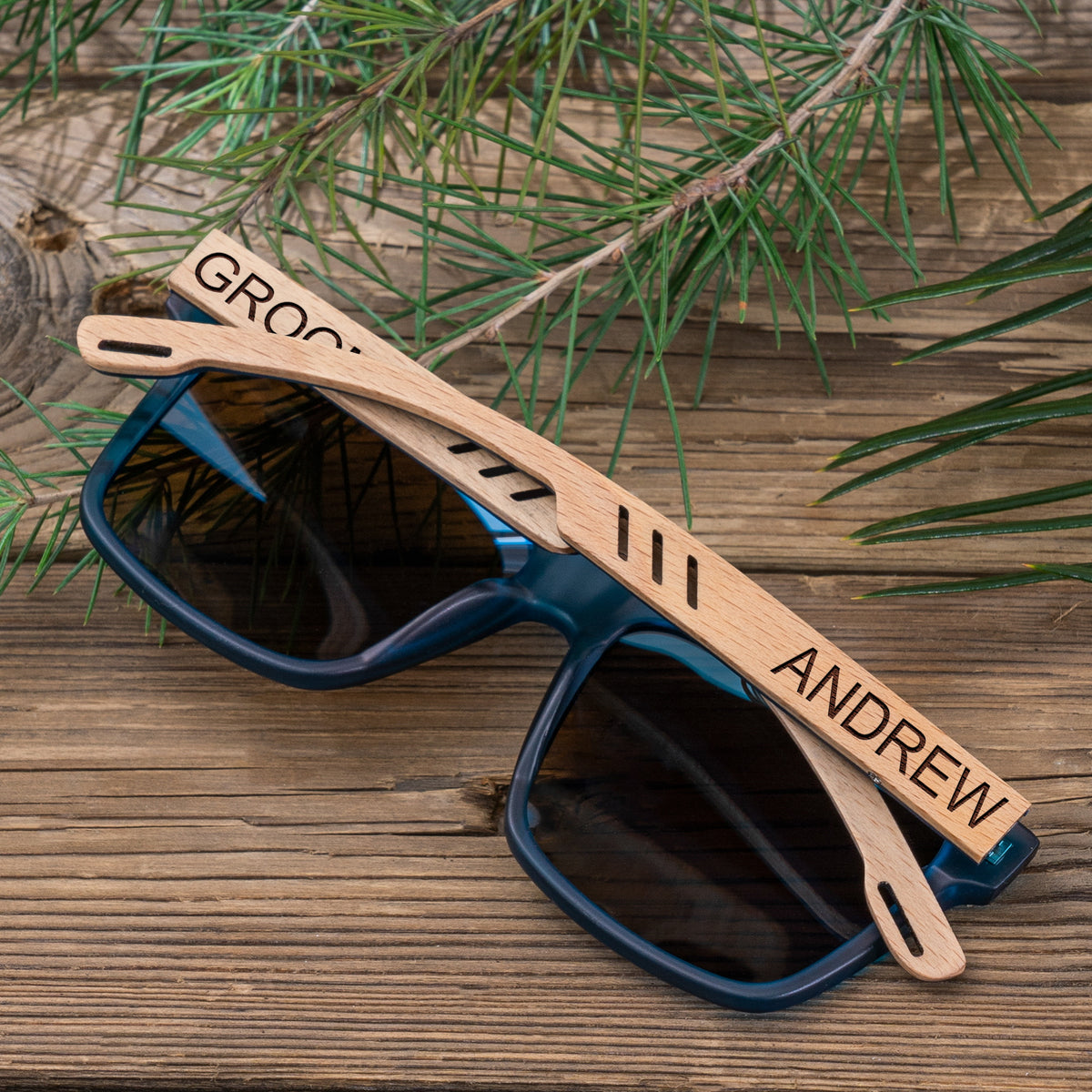 Wooden Wayfarers Blue Font 2