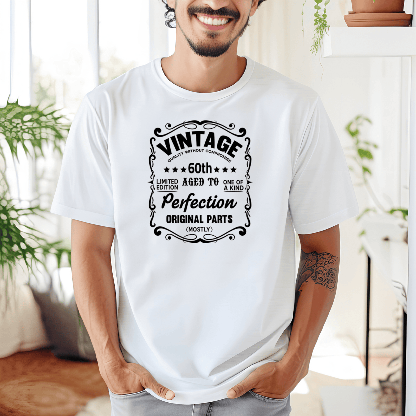 Mens White T Shirt with 60th-Vintage design