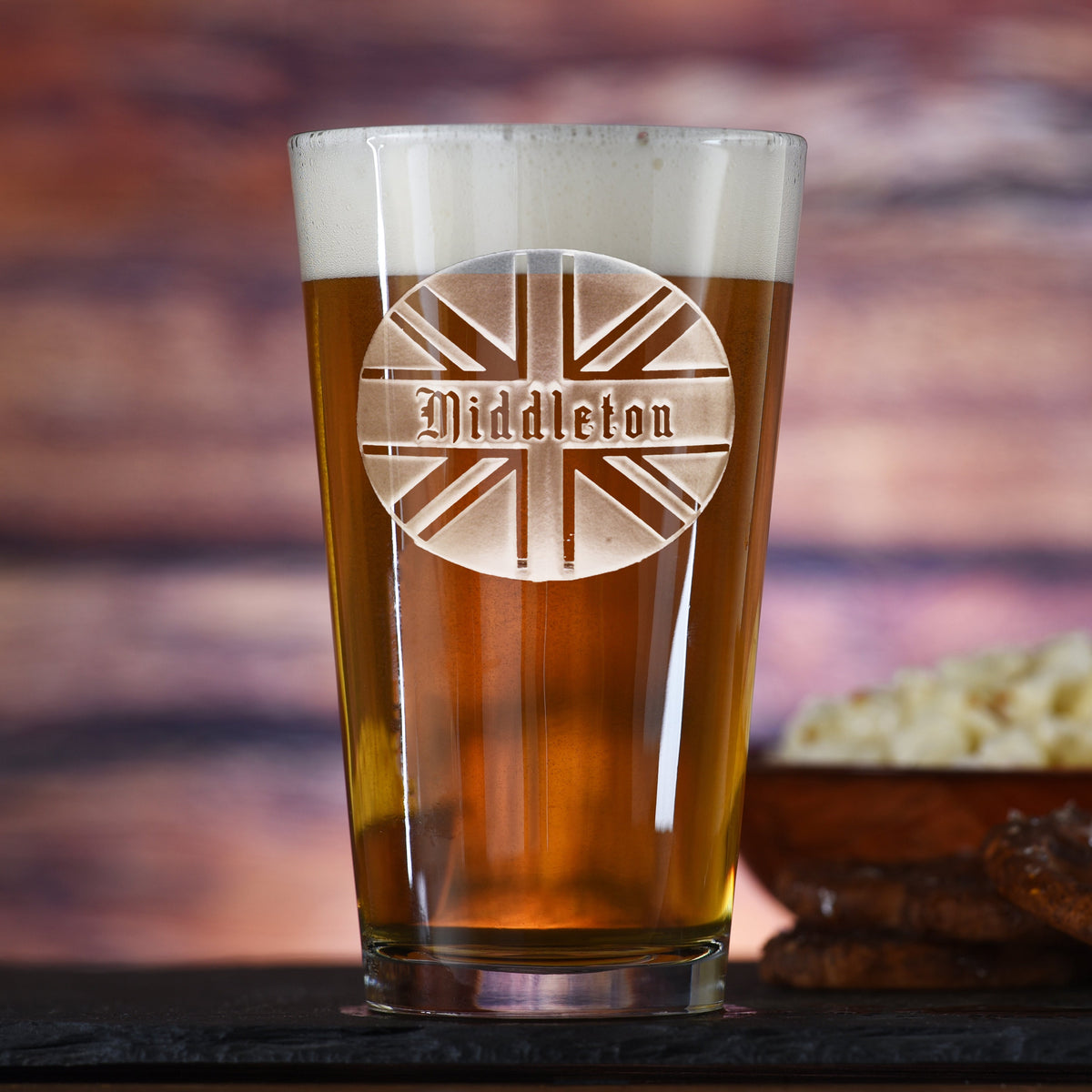 Custom Engraved Union Jack Pint Glass