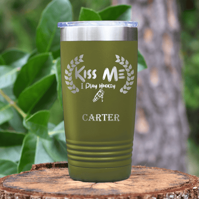 Military Green Hockey Tumbler With Chapped By Chasing Pucks Design