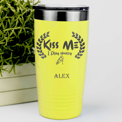 Yellow Hockey Tumbler With Chapped By Chasing Pucks Design