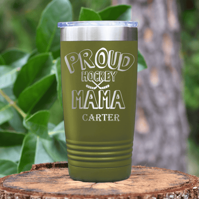 Military Green Hockey Tumbler With Cheering Champ On Ice Design