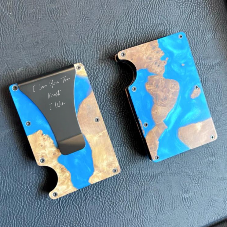 Personalized wood and resin minimalist wallet with money clip and bottle opener