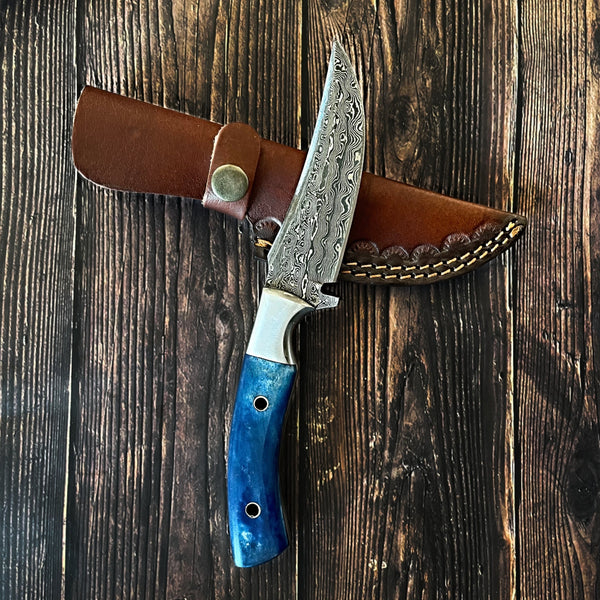 Dyed Blue Bone Damascus Pocket Knife - Groovy Guy Gifts