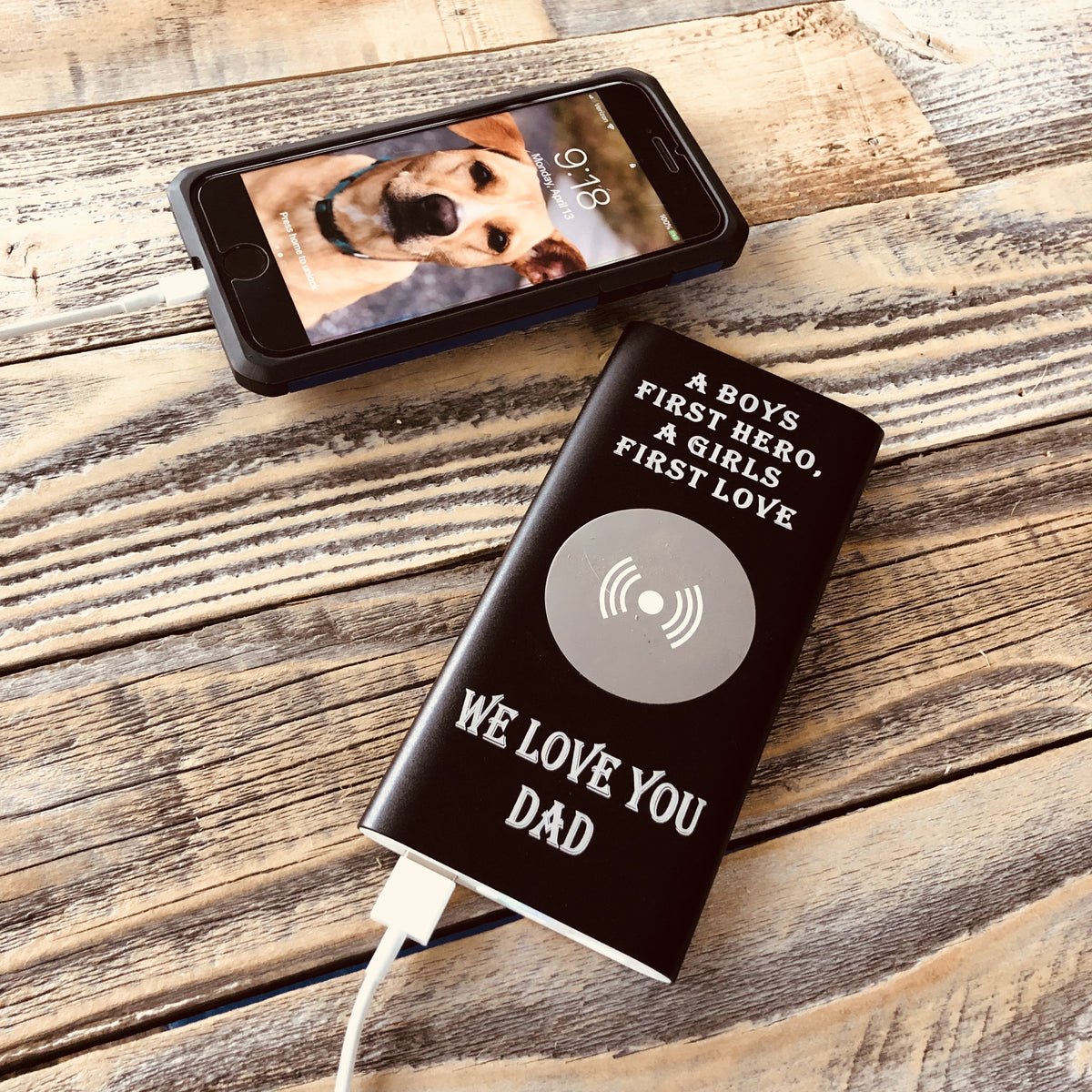 Sleek anodized aluminum personalized phone charger with custom engraving