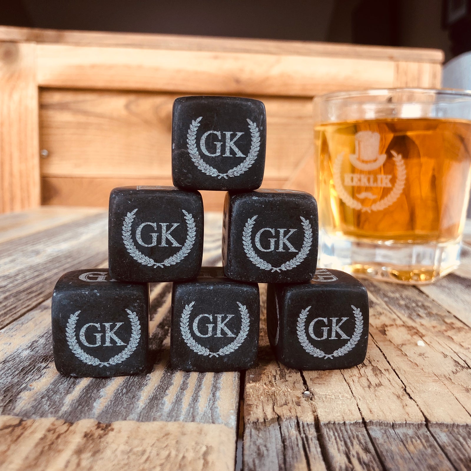 Personalized whiskey stones set with engraved initials