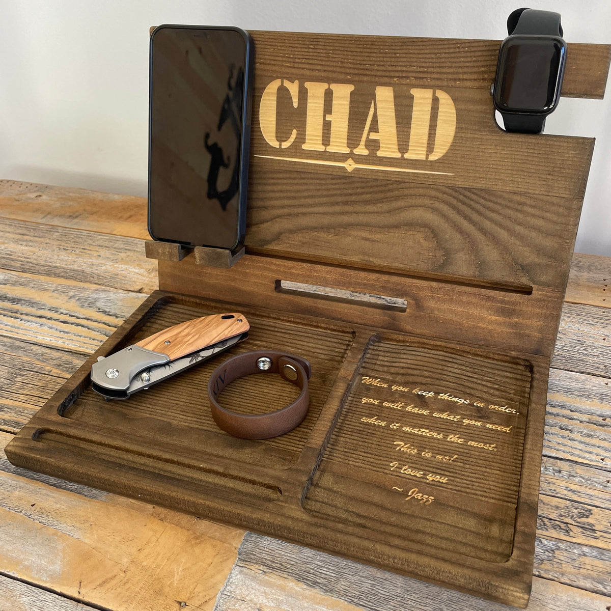 Personalized wooden charging dock and nightstand organizer for men