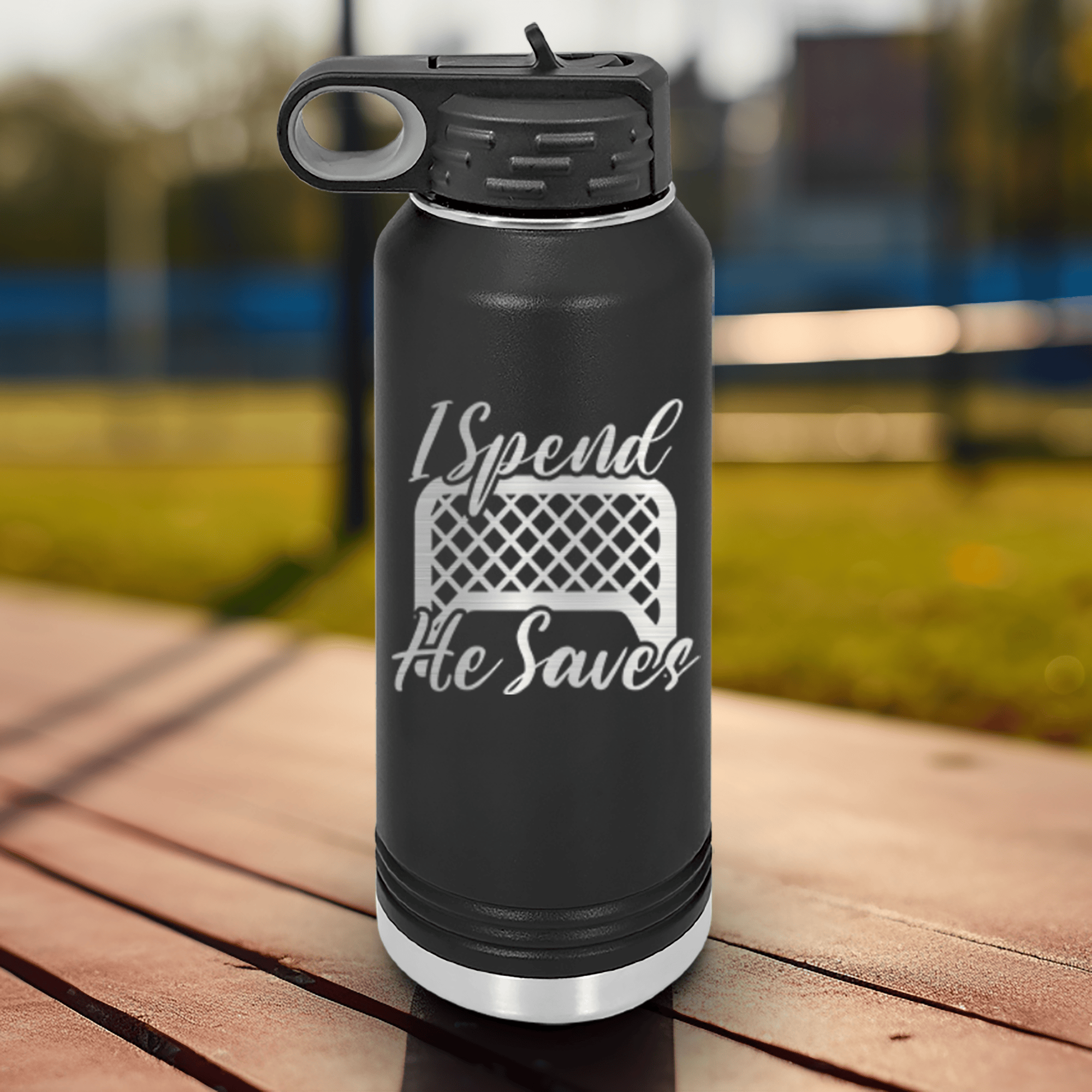 Black Hockey Water Bottle With I Shop He Stops Design
