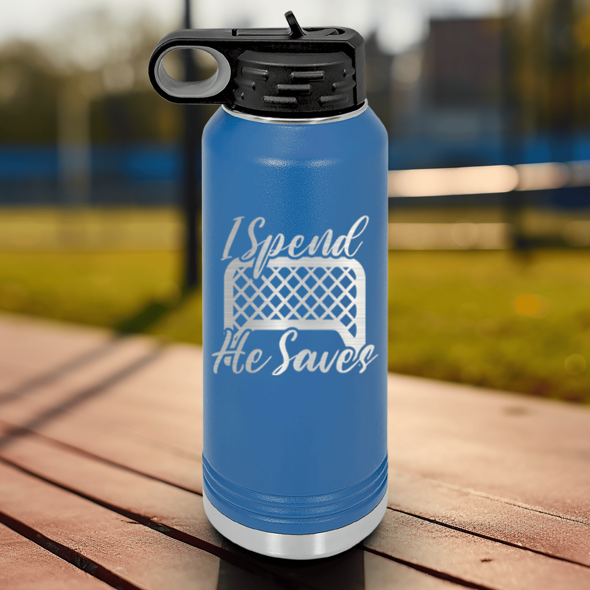 Blue Hockey Water Bottle With I Shop He Stops Design