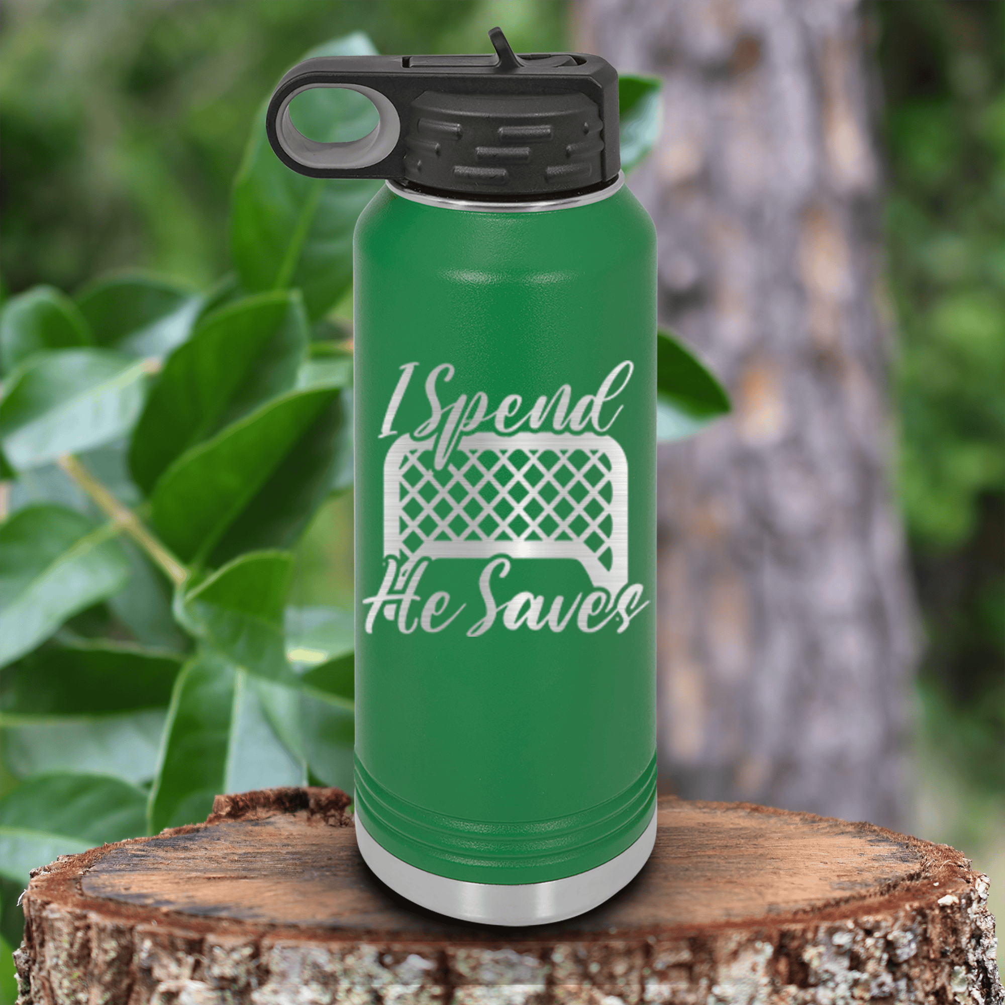 Green Hockey Water Bottle With I Shop He Stops Design