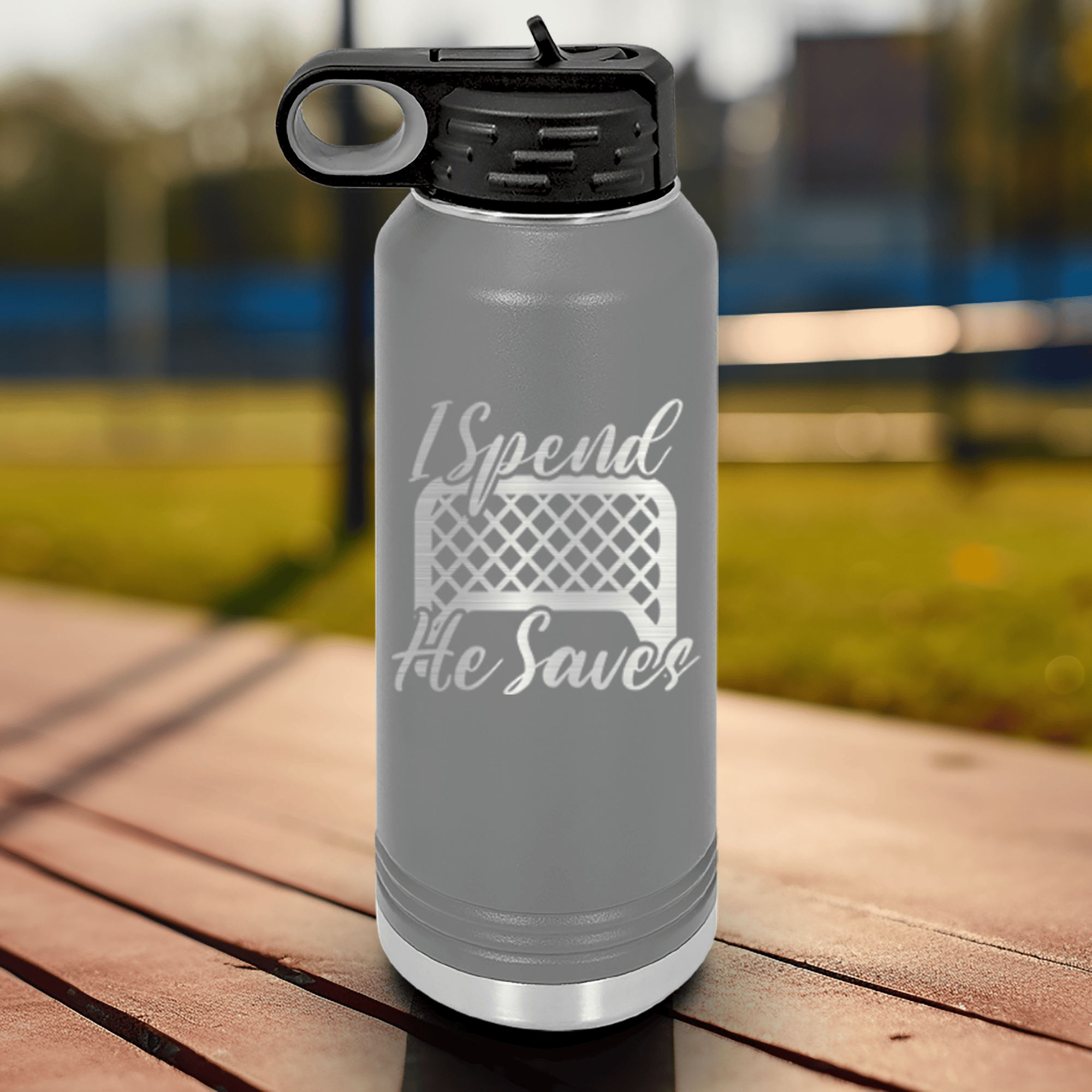 Grey Hockey Water Bottle With I Shop He Stops Design