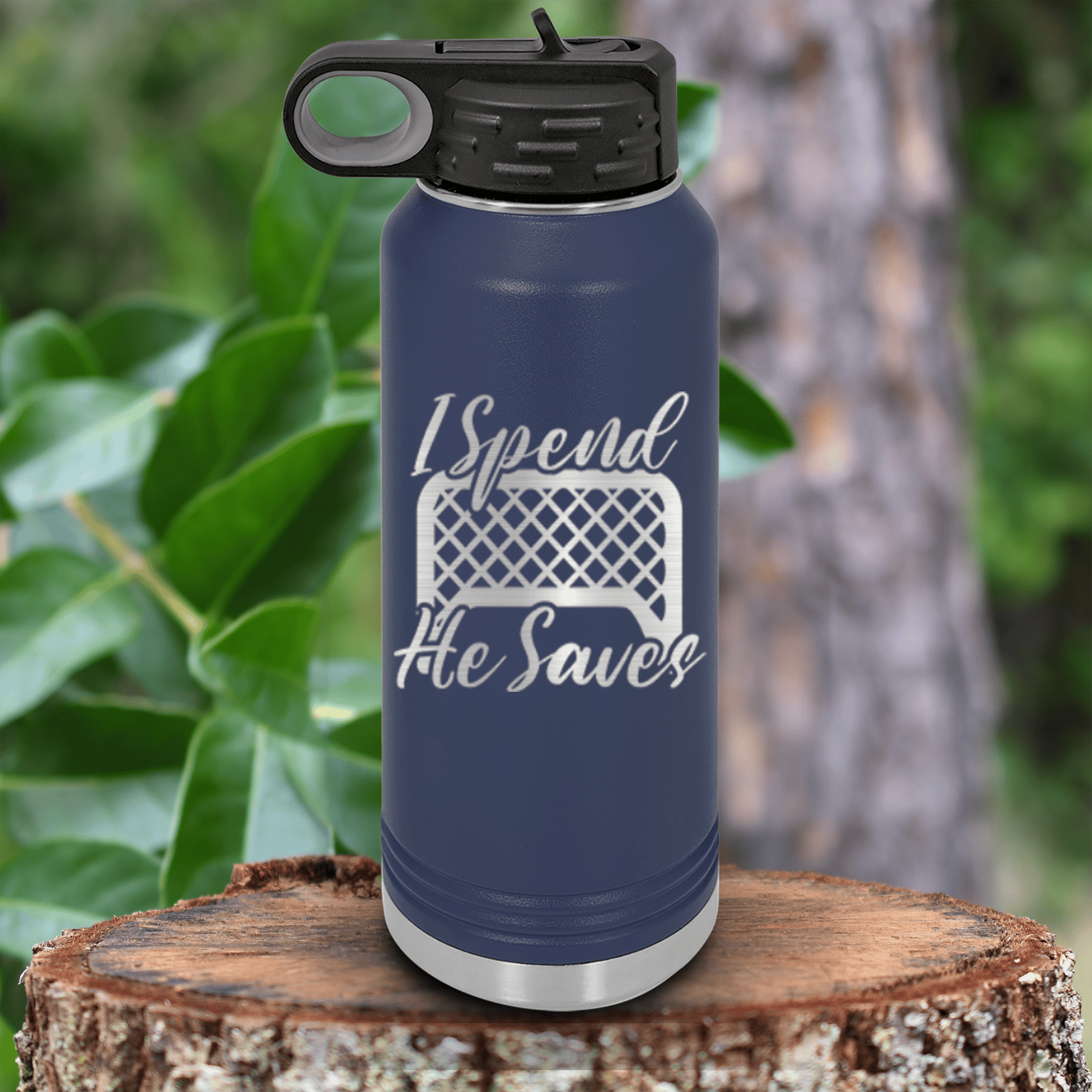 Navy Hockey Water Bottle With I Shop He Stops Design