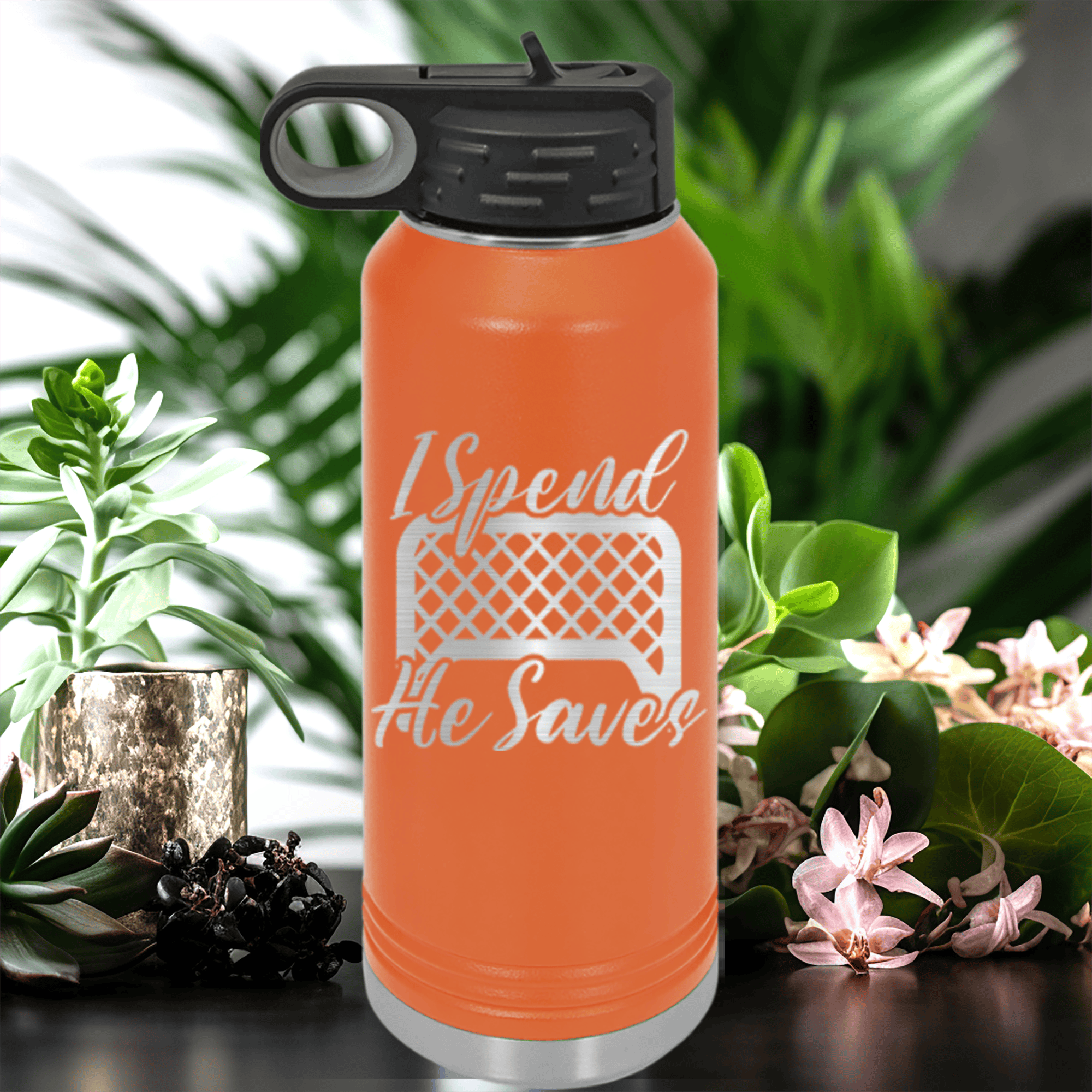 Orange Hockey Water Bottle With I Shop He Stops Design