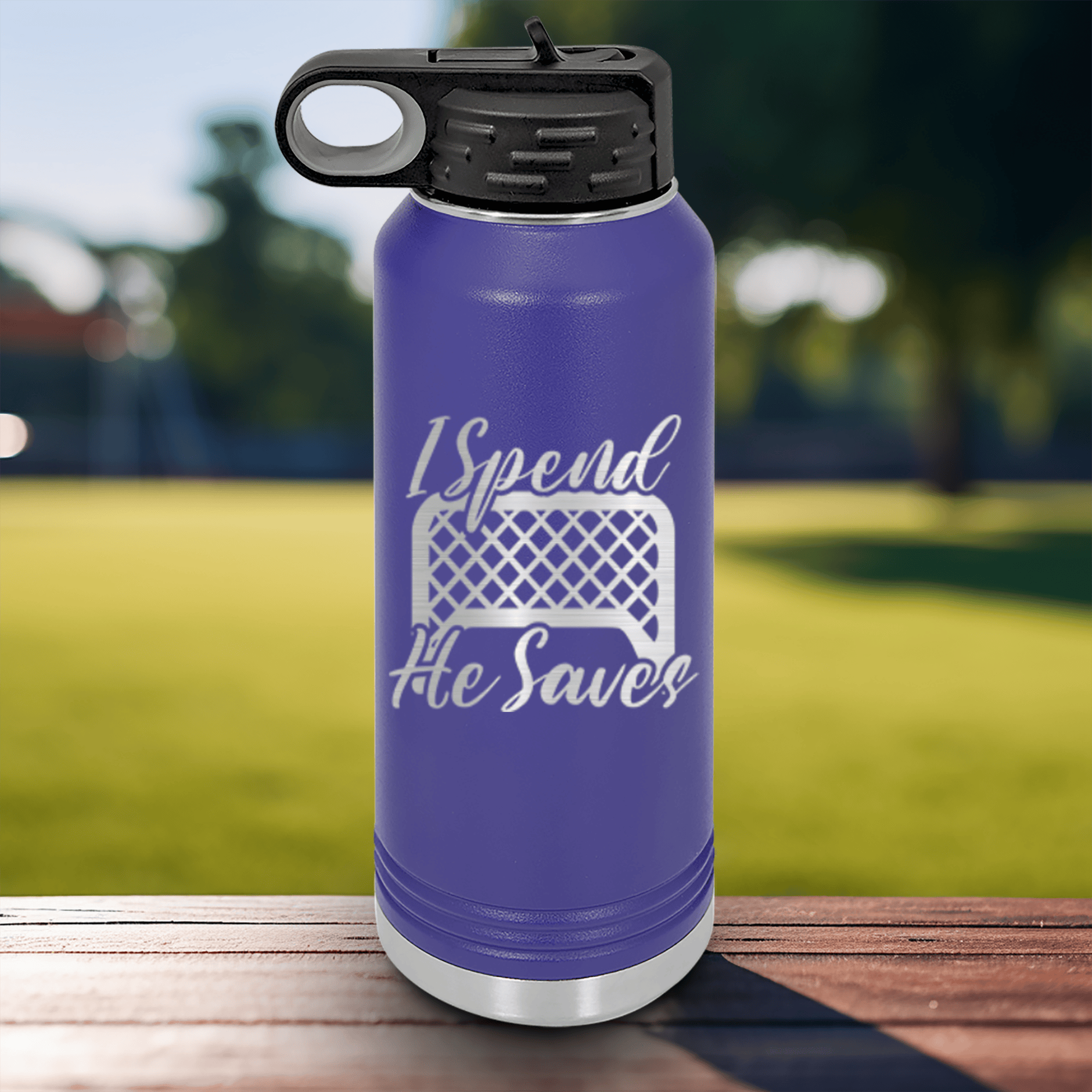 Purple Hockey Water Bottle With I Shop He Stops Design