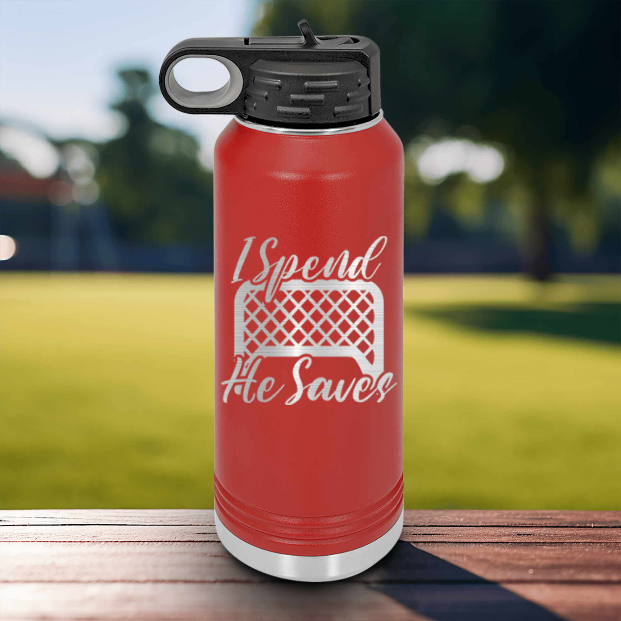 Red Hockey Water Bottle With I Shop He Stops Design