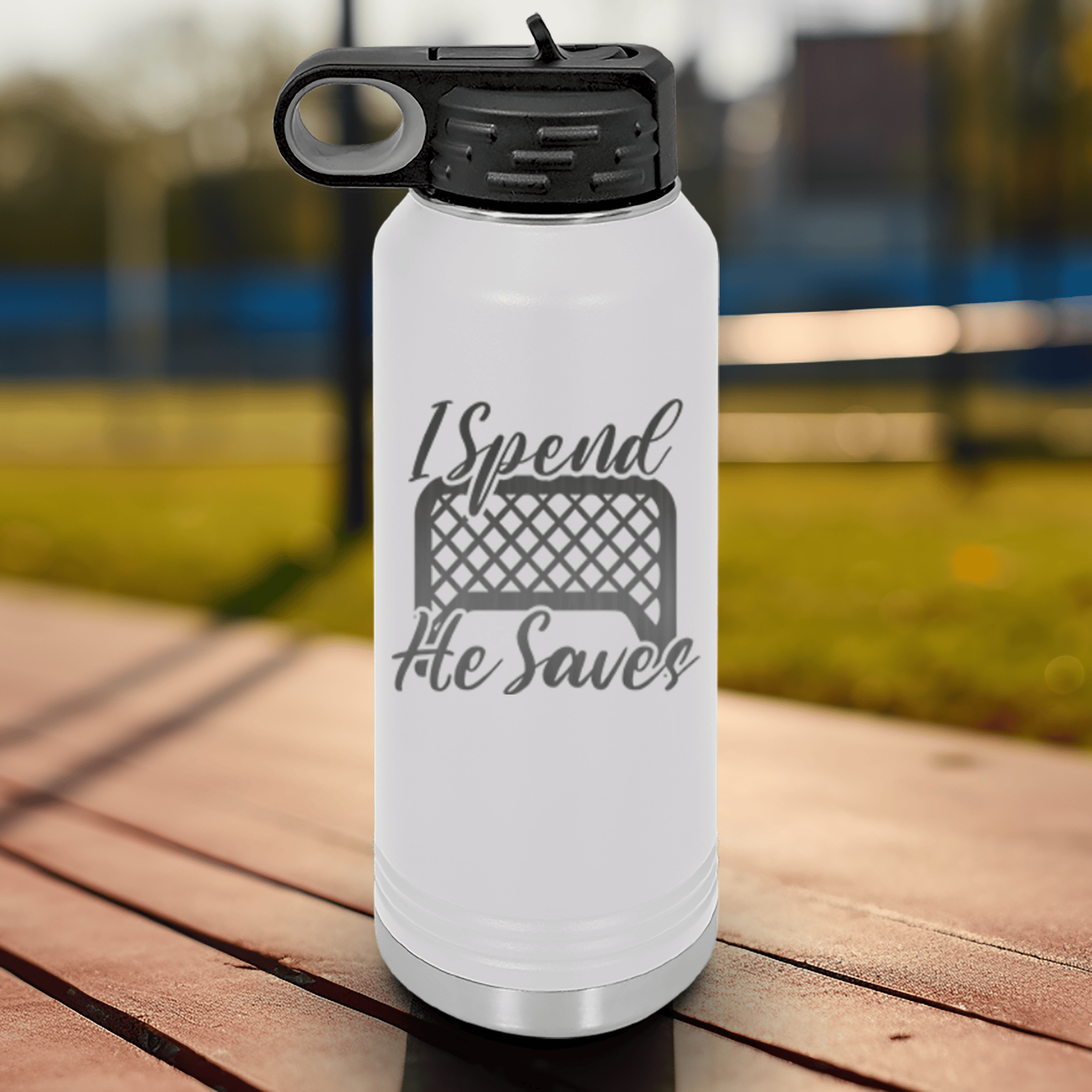 White Hockey Water Bottle With I Shop He Stops Design