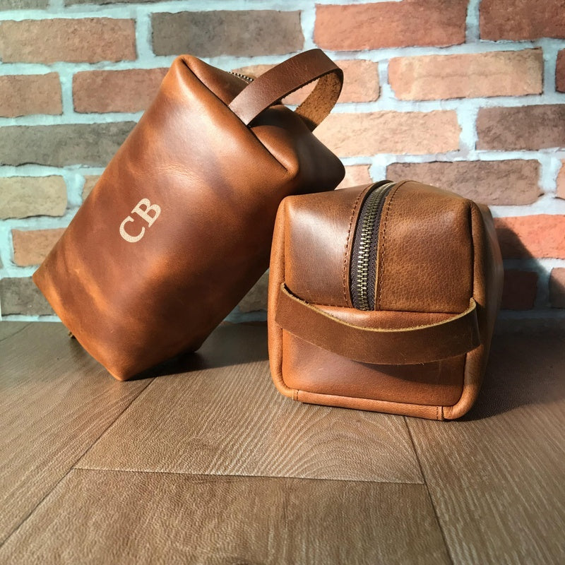 Monogrammed leather dopp kit for men - personalized toiletry bag